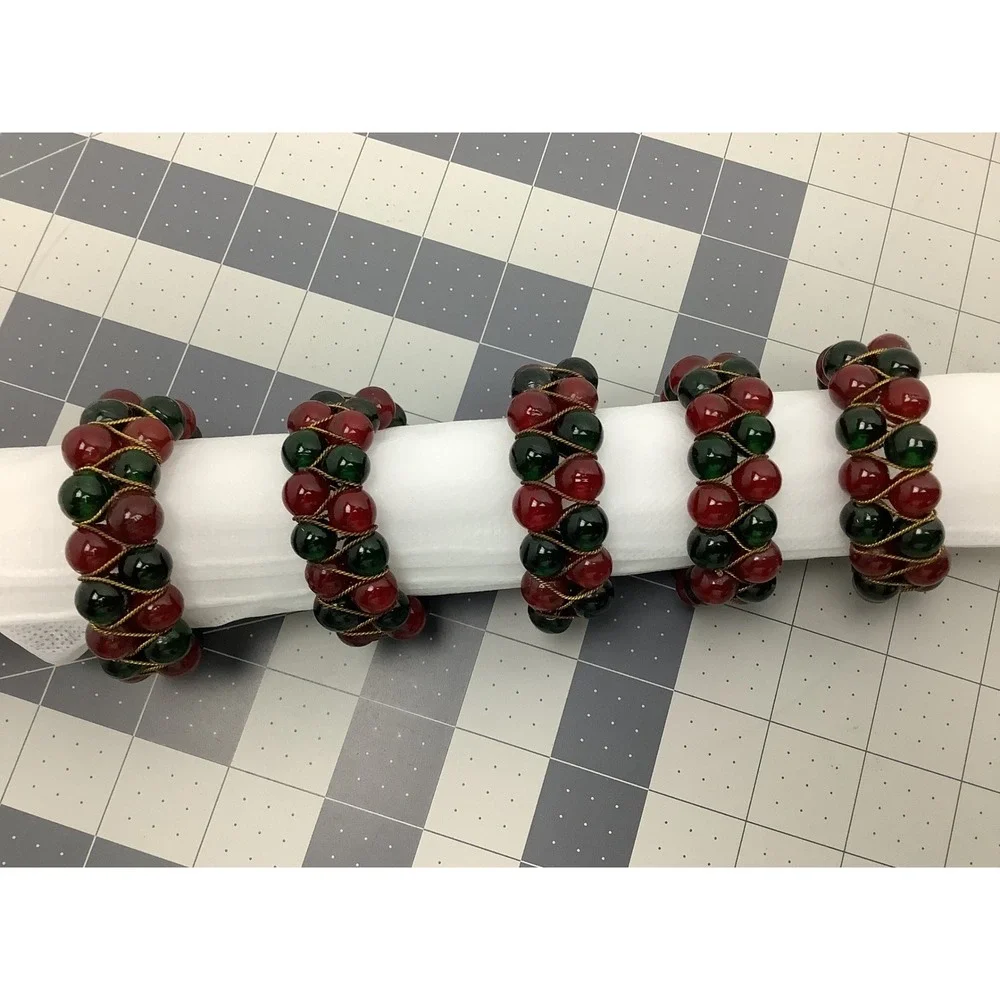 Vintage Red Green Beaded Napkin Rings Gold Wire Christmas Holiday Set of 5